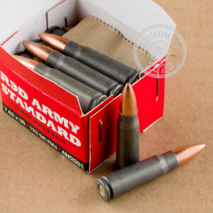 Image detailing the steel case and berdan primers on 180 rounds of Red Army Standard ammunition.