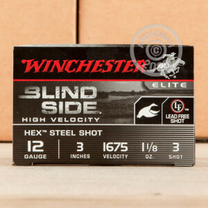 Photo detailing the 12 GAUGE WINCHESTER BLIND SIDE 3" 1-1/8 OZ. #3 STEEL SHOT (25 ROUNDS) for sale at AmmoMan.com.