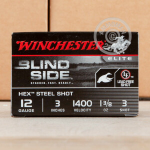 Photo detailing the 12 GAUGE WINCHESTER BLIND SIDE 3" 1-3/8 OZ. #3 HEX STEEL SHOT (25 ROUNDS) for sale at AmmoMan.com.