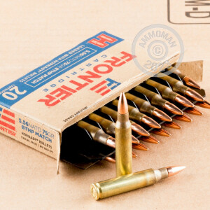 A photograph of 500 rounds of 75 grain 5.56x45mm ammo with a Hollow-Point Boat Tail (HP-BT) bullet for sale.