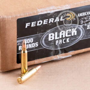 A photograph of 300 rounds of 55 grain 223 Remington ammo with a FMJ-BT bullet for sale.