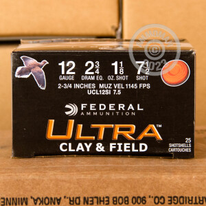 Photo detailing the 12 GAUGE FEDERAL ULTRA CLAY & FIELD 2-3/4" #7-1/2 SHOT (250 ROUNDS) for sale at AmmoMan.com.