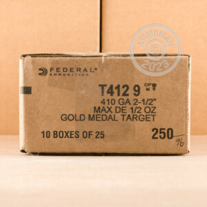 Photo detailing the 410 BORE FEDERAL GOLD MEDAL 2-1/2" 1/2 OZ. #9 SHOT (250 ROUNDS) for sale at AmmoMan.com.
