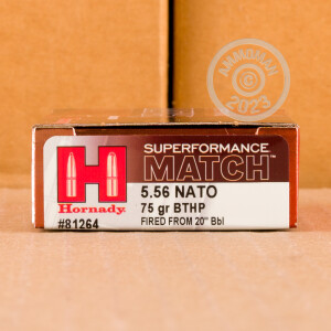 Image of 5.56x45mm ammo by Hornady that's ideal for hunting varmint sized game, precision shooting, training at the range.
