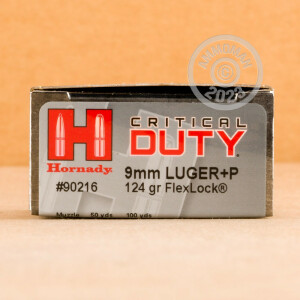 Photograph showing detail of 9mm Luger - +P 124 Grain JHP - Hornady Critical Duty - 25 Rounds