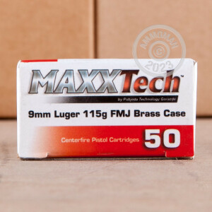 A photo of a box of MaxxTech ammo in 9mm Luger.