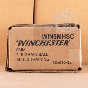 Photograph showing detail of 9MM WINCHESTER ACTIVE DUTY 115 GRAIN FMJ M1152 (100 ROUNDS)