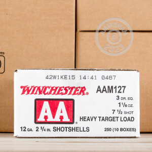 Photo detailing the 12 GAUGE WINCHESTER AA 2-3/4" 1-1/8 OZ. #7.5 SHOT (250 ROUNDS) for sale at AmmoMan.com.