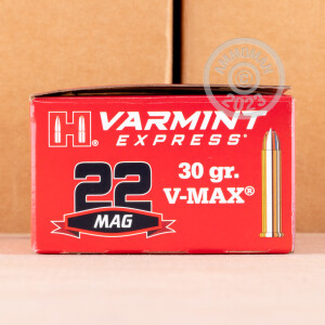 Photo detailing the 22 WMR HORNADY VARMINT EXPRESS 30 GRAIN V-MAX (200 ROUNDS) for sale at AmmoMan.com.