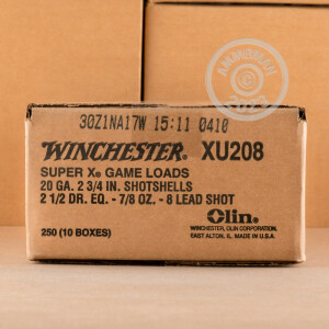 Photo detailing the 20 GAUGE WINCHESTER SUPER-X 2-3/4" 7/8 OZ. #8 SHOT (250 ROUNDS) for sale at AmmoMan.com.