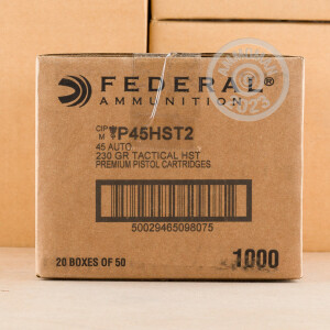 Image of the 45 ACP FEDERAL PREMIUM LAW ENFORCEMENT 230 GRAIN HST JHP (1000 ROUNDS) available at AmmoMan.com.