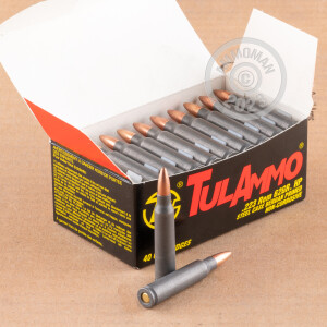Image of 223 Remington ammo by Tula Cartridge Works that's ideal for hunting varmint sized game, hunting wild pigs, training at the range.