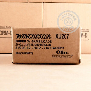 Photo detailing the 20 GAUGE WINCHESTER SUPER-X 2-3/4" 7/8 OZ. #7.5 SHOT (250 ROUNDS) for sale at AmmoMan.com.