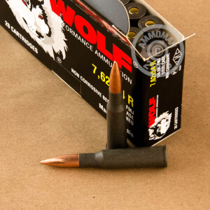 Photograph showing detail of 7.62X54R WOLF 148 GRAIN FMJ (20 ROUNDS)