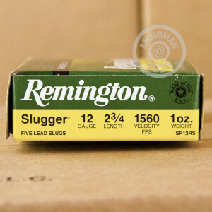 Photo detailing the 12 GAUGE REMINGTON SLUGGER 2 3/4" 1 OZ. RIFLED SLUG (5 ROUNDS) for sale at AmmoMan.com.