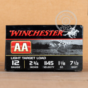 Photo detailing the 12 GAUGE WINCHESTER AA LIGHT TARGET 2-3/4" 1-1/8 OZ. #7.5 Shot (250 ROUNDS) for sale at AmmoMan.com.