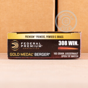 Photo detailing the 308 WIN FEDERAL PREMIUM GOLD MEDAL 185 GRAIN BERGER JUGGERNAUT OPEN TIP MATCH (20 ROUNDS) for sale at AmmoMan.com.