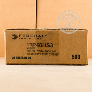 Photo detailing the 40 S&W FEDERAL PREMIUM HYDRA-SHOK 165 GRAIN JHP (20 ROUNDS) for sale at AmmoMan.com.