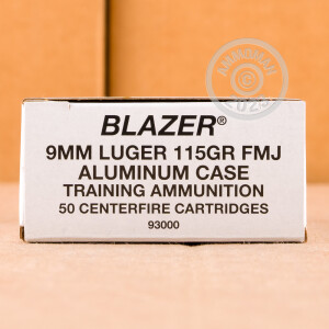 A photo of a box of Blazer ammo in 9mm Luger.