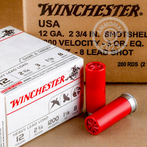 Image of the 12 GAUGE WINCHESTER USA HEAVY GAME & TARGET 2-3/4" 1-1/8 OZ. #8 SHOT (100 ROUNDS) available at AmmoMan.com.
