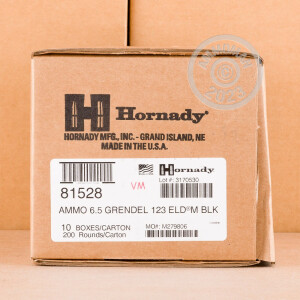 Photo detailing the 6.5MM GRENDEL HORNADY BLACK 123 GRAIN ELD MATCH (200 ROUNDS) for sale at AmmoMan.com.
