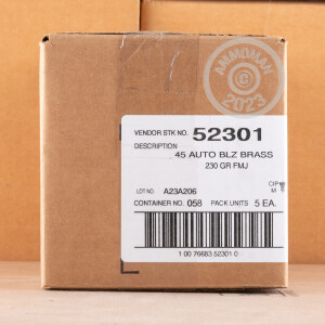 Photo detailing the .45 ACP CCI BLAZER BRASS 230 GRAIN FMJ (200 ROUNDS) for sale at AmmoMan.com.