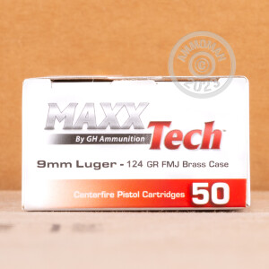 A photograph detailing the 9mm Luger ammo with FMJ bullets made by MaxxTech.