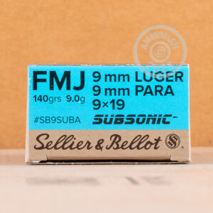A photograph detailing the 9mm Luger ammo with FMJ bullets made by Sellier & Bellot.
