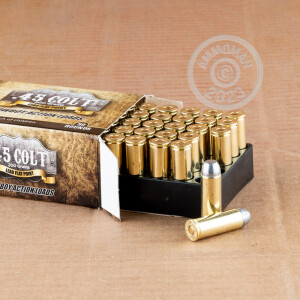 A photograph of 50 rounds of 200 grain .45 COLT ammo with a Lead Flat Nose bullet for sale.