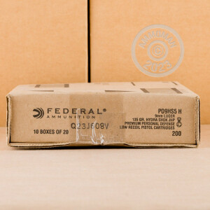 Photo detailing the 9MM LUGER FEDERAL PREMIUM 135 GRAIN HYDRA-SHOK JHP (20 ROUNDS) for sale at AmmoMan.com.