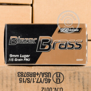 Image of bulk 9mm Luger ammo by Blazer Brass that's ideal for training at the range.