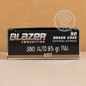 Image of .380 Auto ammo by Blazer Brass that's ideal for training at the range.