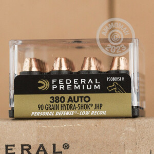 Photo detailing the 380 ACP FEDERAL HYDRA-SHOK 90 GRAIN JHP (20 ROUNDS) for sale at AmmoMan.com.
