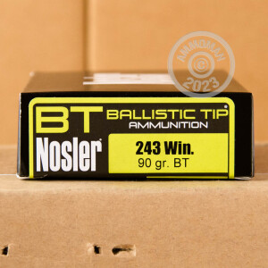 An image of 243 Winchester ammo made by Nosler Ammunition at AmmoMan.com.