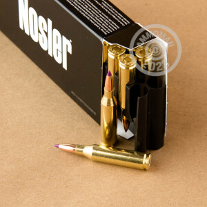Image of 243 Winchester ammo by Nosler Ammunition that's ideal for hunting wild pigs, whitetail hunting.