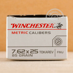Photograph showing detail of 7.62x25MM TOKAREV WINCHESTER METRIC CALIBERS 85 GRAIN FMJ (50 ROUNDS)