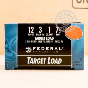 Photo detailing the 12 GAUGE FEDERAL TARGET LOAD 2 3/4“ 1 OZ. #7.5 SHOT (250 ROUNDS) for sale at AmmoMan.com.