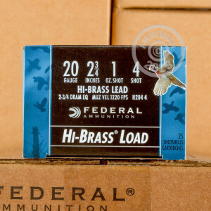 Image of the 20 GAUGE FEDERAL GAME LOAD UPLAND HI-BRASS 2-3/4" 1 OZ. #4 SHOT (250 ROUNDS) available at AmmoMan.com.