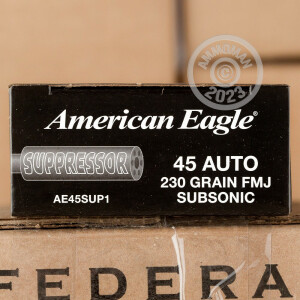 Photo detailing the 45 ACP FEDERAL AMERICAN EAGLE SUPPRESSOR SUBSONIC 230 GRAIN FMJ (500 ROUNDS) for sale at AmmoMan.com.