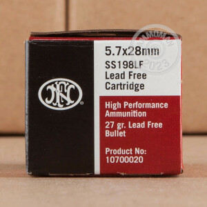 Image of 5.7 x 28 ammo by FN Herstal that's ideal for home protection, hunting varmint sized game, shooting indoors, training at the range.