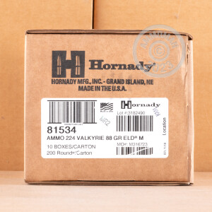 An image of .224 Valkyrie ammo made by Hornady at AmmoMan.com.