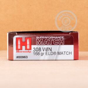 Photo detailing the 308 WIN HORNADY SUPERFORMANCE MATCH 168 GRAIN ELD MATCH (20 ROUNDS) for sale at AmmoMan.com.