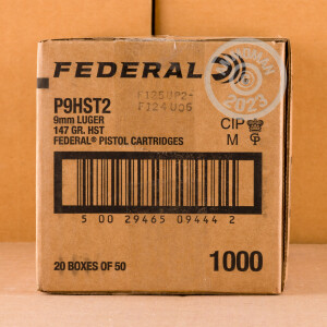 Image of the 9MM LUGER FEDERAL PREMIUM LAW ENFORCEMENT 147 GRAIN HST JHP (50 ROUNDS) available at AmmoMan.com.