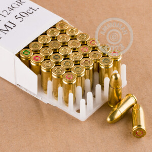 A photograph detailing the 9mm Luger ammo with FMJ bullets made by ZSR Ammunition.