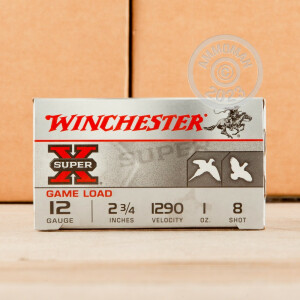 Photo detailing the 12 GAUGE WINCHESTER SUPER-X GAME LOADS 2-3/4“ 1 OZ. #8 SHOT (250 ROUNDS) for sale at AmmoMan.com.