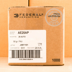 Photo detailing the 25 ACP FEDERAL AMERICAN EAGLE 50 GRAIN FMJ (1000 ROUNDS) for sale at AmmoMan.com.