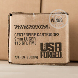 Photo detailing the 9MM LUGER WINCHESTER USA FORGED 115 GRAIN FMJ (150 ROUNDS) for sale at AmmoMan.com.
