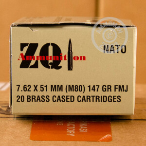 A photo of a box of ZQI Ammunition ammo in 308 / 7.62x51 that's often used for training at the range.