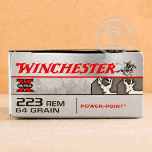 Image of 223 Remington ammo by Winchester that's ideal for hunting varmint sized game, hunting wild pigs, whitetail hunting.