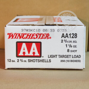 Photo detailing the 12 GAUGE WINCHESTER AA LIGHT TARGET 2-3/4" GRAIN #8 SHOT (250 ROUNDS) for sale at AmmoMan.com.